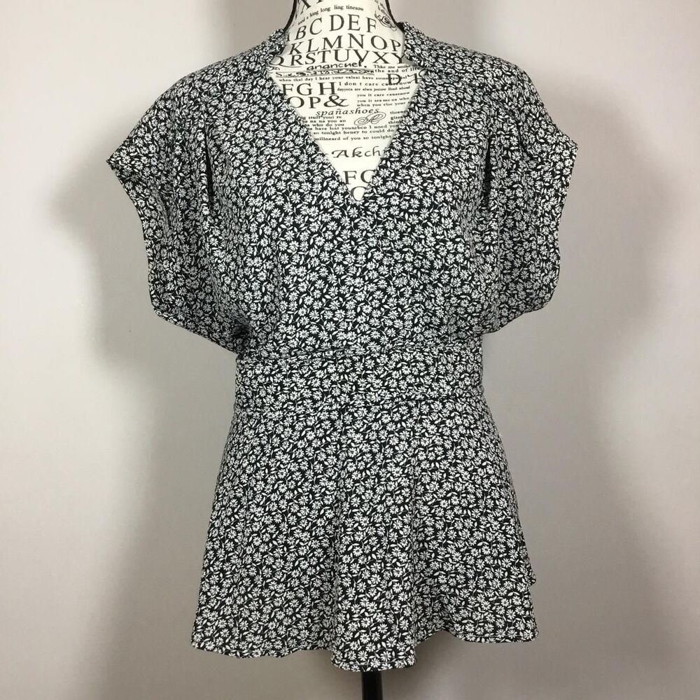 Black white floral wrap front blouse smocked waist fairycore XL